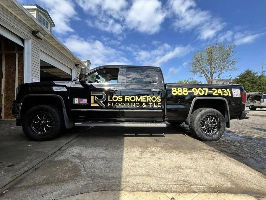 Custom truck decals for Los Romeros Flooring & Tile